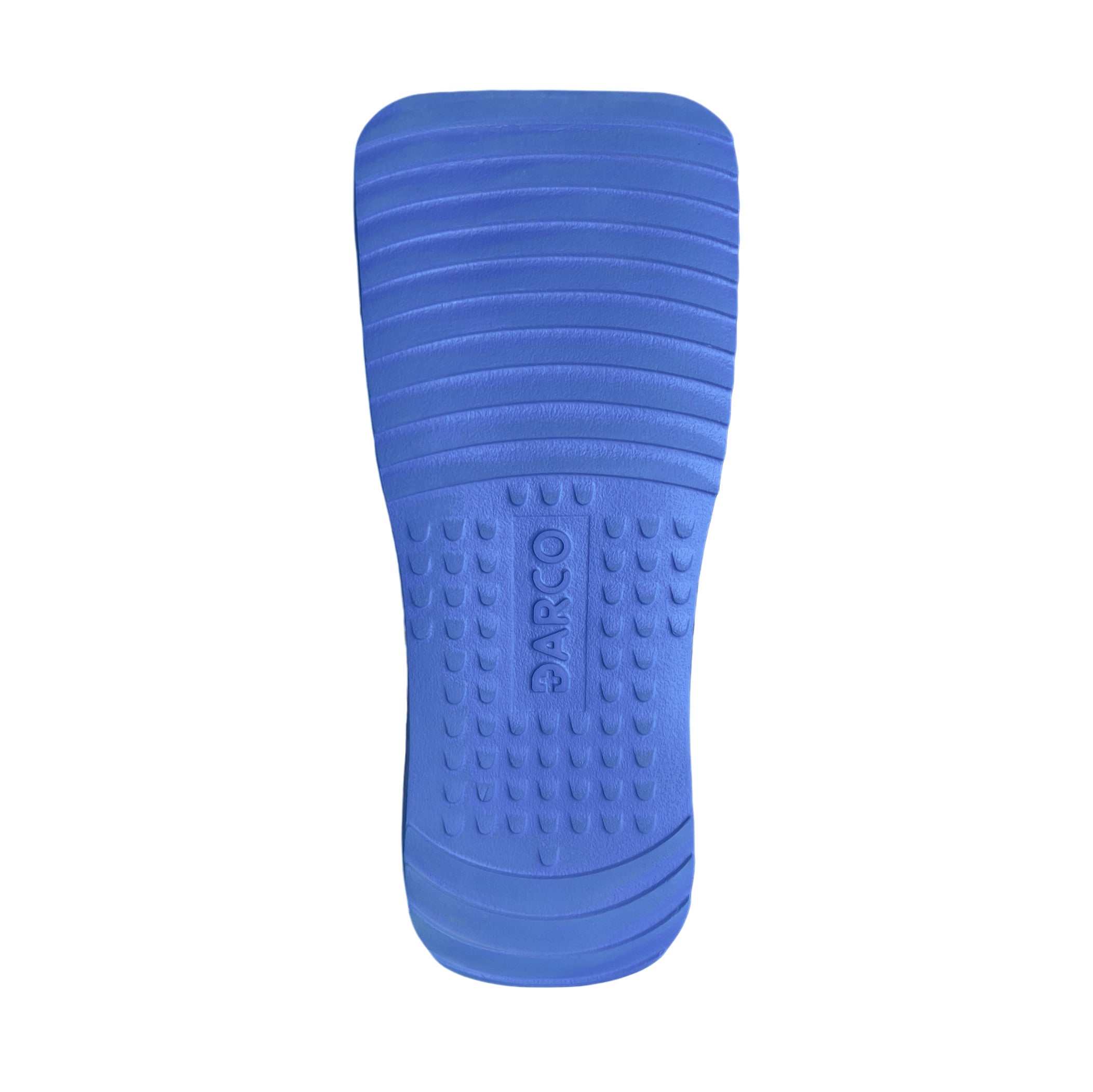 Blue sole from a DARCO DUO Pro Wound Care Shoe features a textured surface with grooves and small bumps for grip and support.