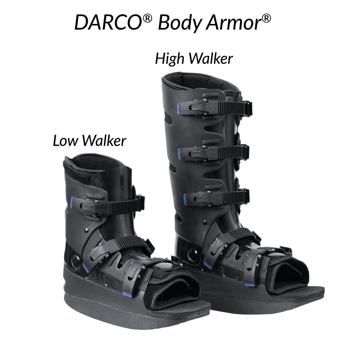 Two black orthopedic boots, "DARCO Body Armor Low Walker" and "High Walker," with adjustable straps and open toes.