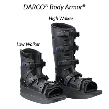 Two black orthopedic boots, "DARCO Body Armor Low Walker" and "High Walker," with adjustable straps and open toes.