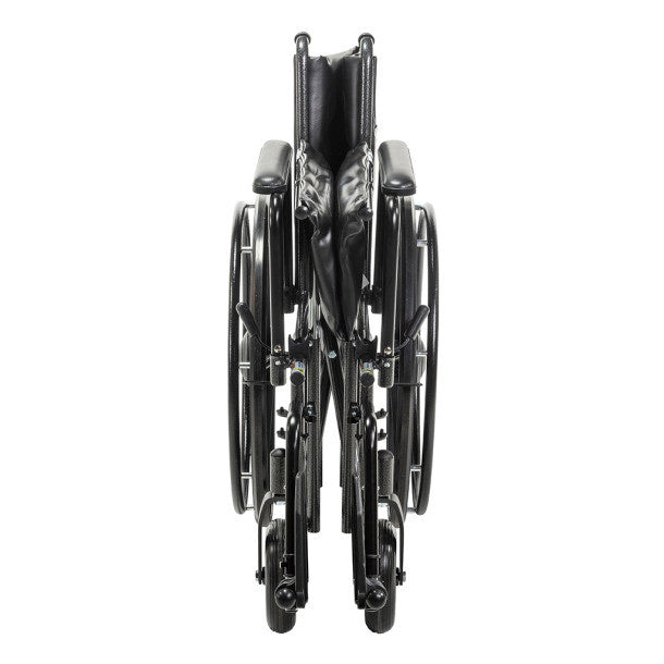 The Drive Medical Sentra EC Heavy-Duty Wheelchair with Removable Desk Arms and Elevating Leg Rests is shown folded for storage.