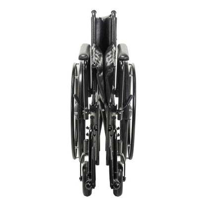 The Drive Medical Sentra EC Heavy-Duty Wheelchair with Removable Desk Arms and Elevating Leg Rests is shown folded for storage.