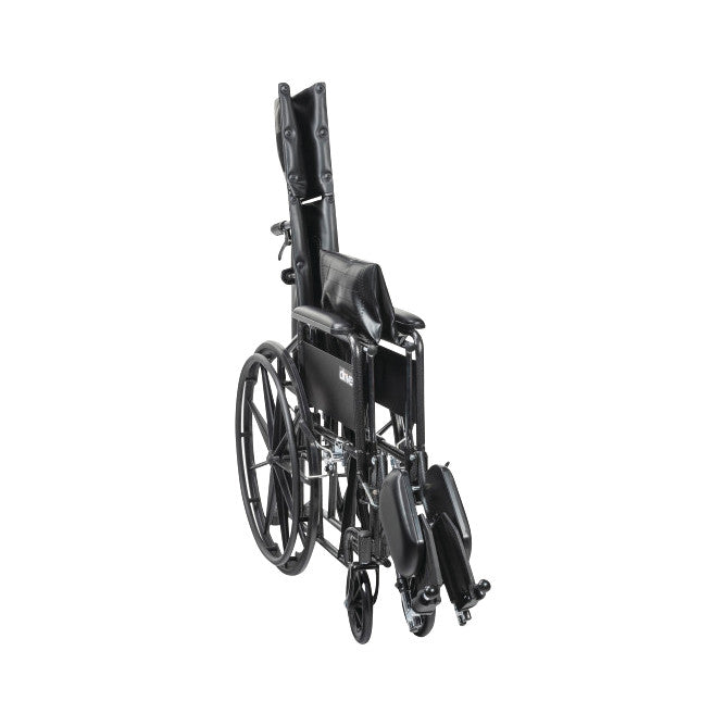 A Drive Medical Silver Sport Full Reclining Wheelchair, shown folded, featuring a black frame, large rear wheels, and footrests.