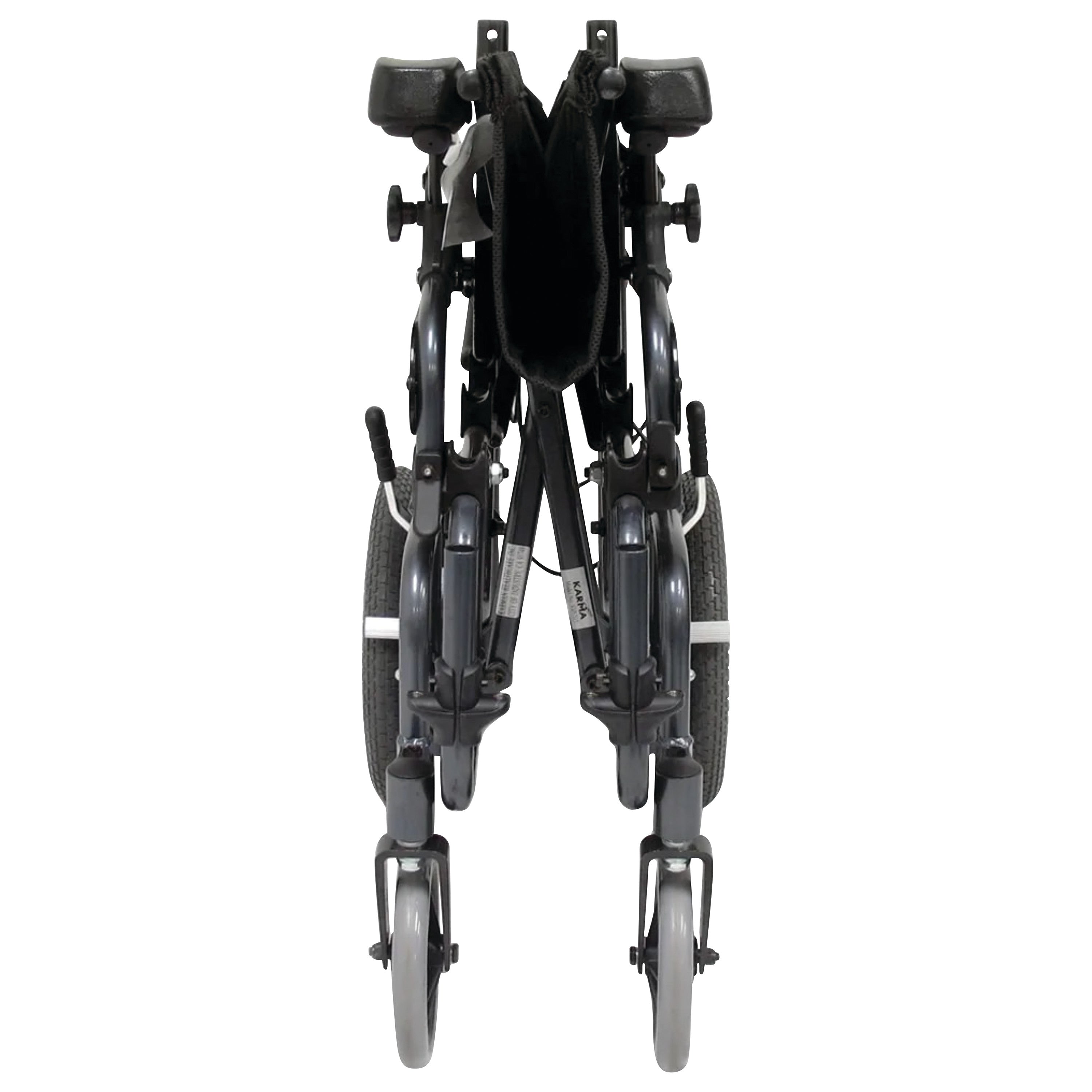 Folded Tilt-in-Space Transport Chair with 18inW x 17inD seat, featuring four wheels and a compact design, viewed from the front.