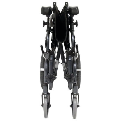 Folded Tilt-in-Space Transport Chair with 18inW x 17inD seat, featuring four wheels and a compact design, viewed from the front.