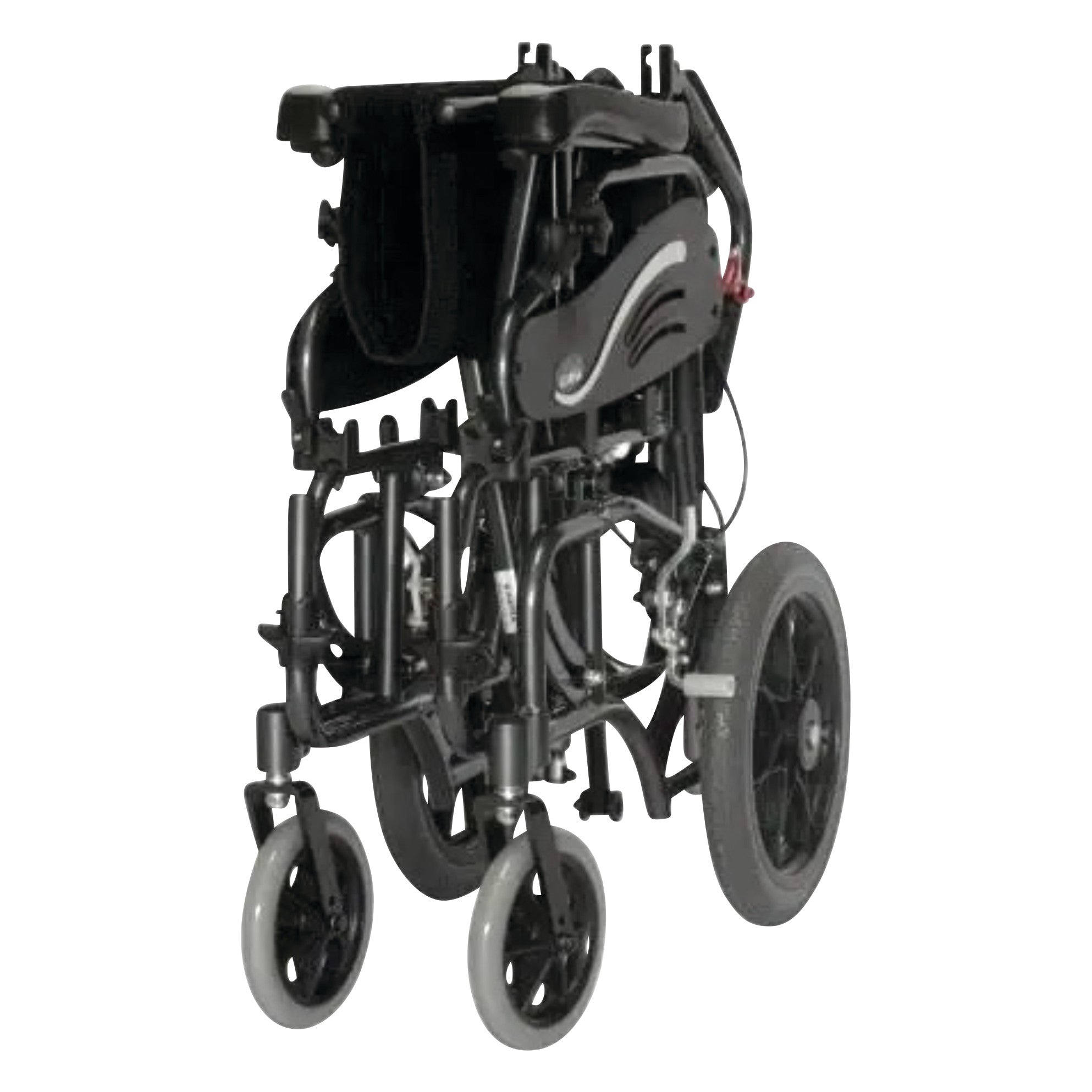 A folded Tilt-in-Space Transport Chair with an 18-inch wide by 17-inch deep seat, displaying its compact and portable design.