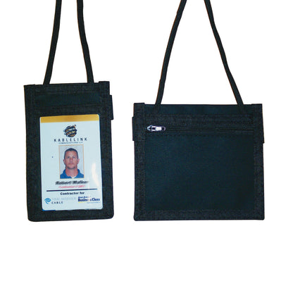 An MRI Horizontal Badge Holder Pouch on a Lanyard. One pouch displays an ID card, and the other has a zippered pocket.