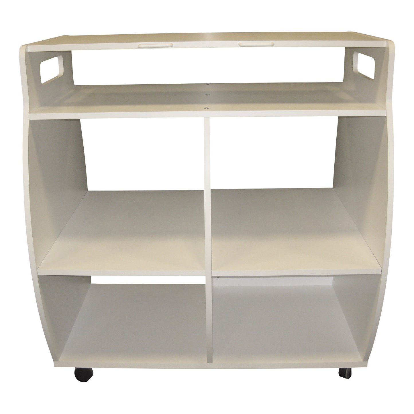 White MR-Conditional Coil Cart with four shelves, curved sides, and handles. It has small wheels for mobility.