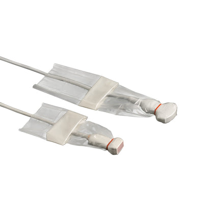 Two CIVCO CIV-Flex Sterile Telescopically Folded General Purpose Ultrasound Probe Cover Kits, transparent with attached cables.
