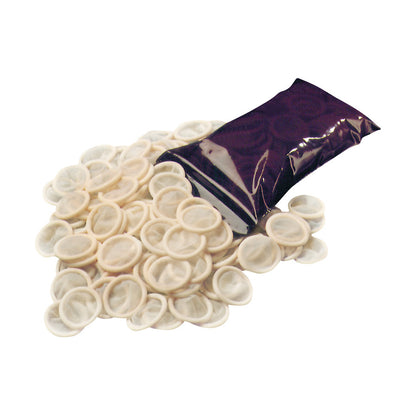 A pile of CIVCO Nonsterile Bulk Latex Endocavity Probe Covers with a sealed dark bag beside them on a white background.