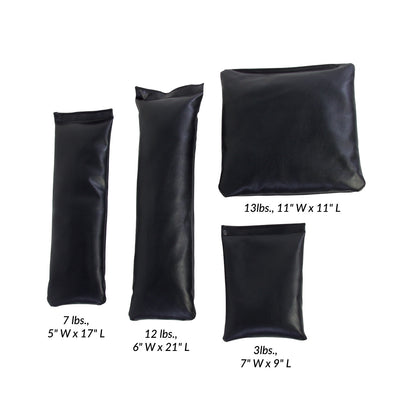 AliMed MR-Safe Sandbag Set includes four black sandbags of varying sizes and weights: 3 lbs, 7 lbs, 12 lbs, and 13 lbs.