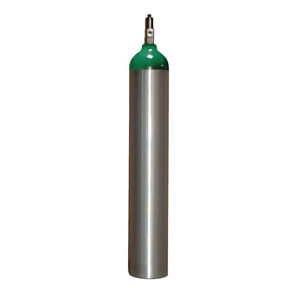 MRI Nonmagnetic Oxygen E Cylinder with a silver body and green top, designed for safe use in MRI environments.