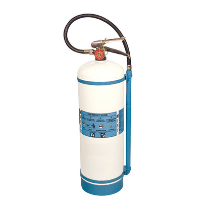 MRI-Certified Fire Extinguisher (H2O) with a white cylinder, blue accents, a hose, and a nozzle. Instructions are labeled on it.