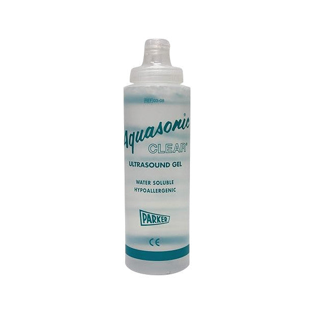 Bottle of Parker Aquasonic Clear Ultrasound Gel, labeled as water-soluble and hypoallergenic, with a clear cap.