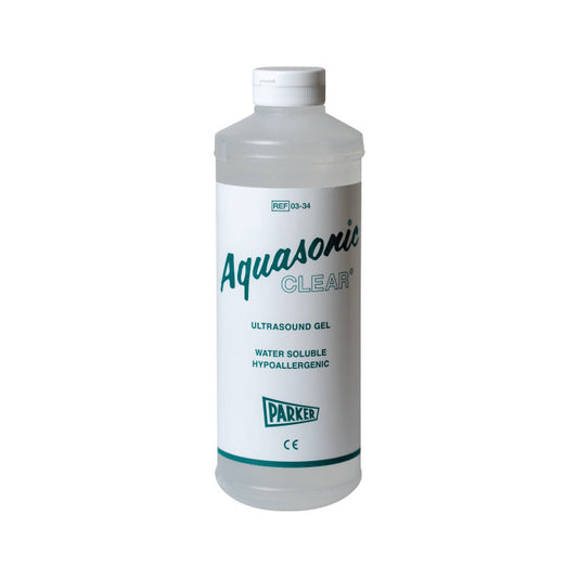 A bottle of Parker Aquasonic Clear Ultrasound Gel, labeled as water soluble and hypoallergenic, with a white cap.
