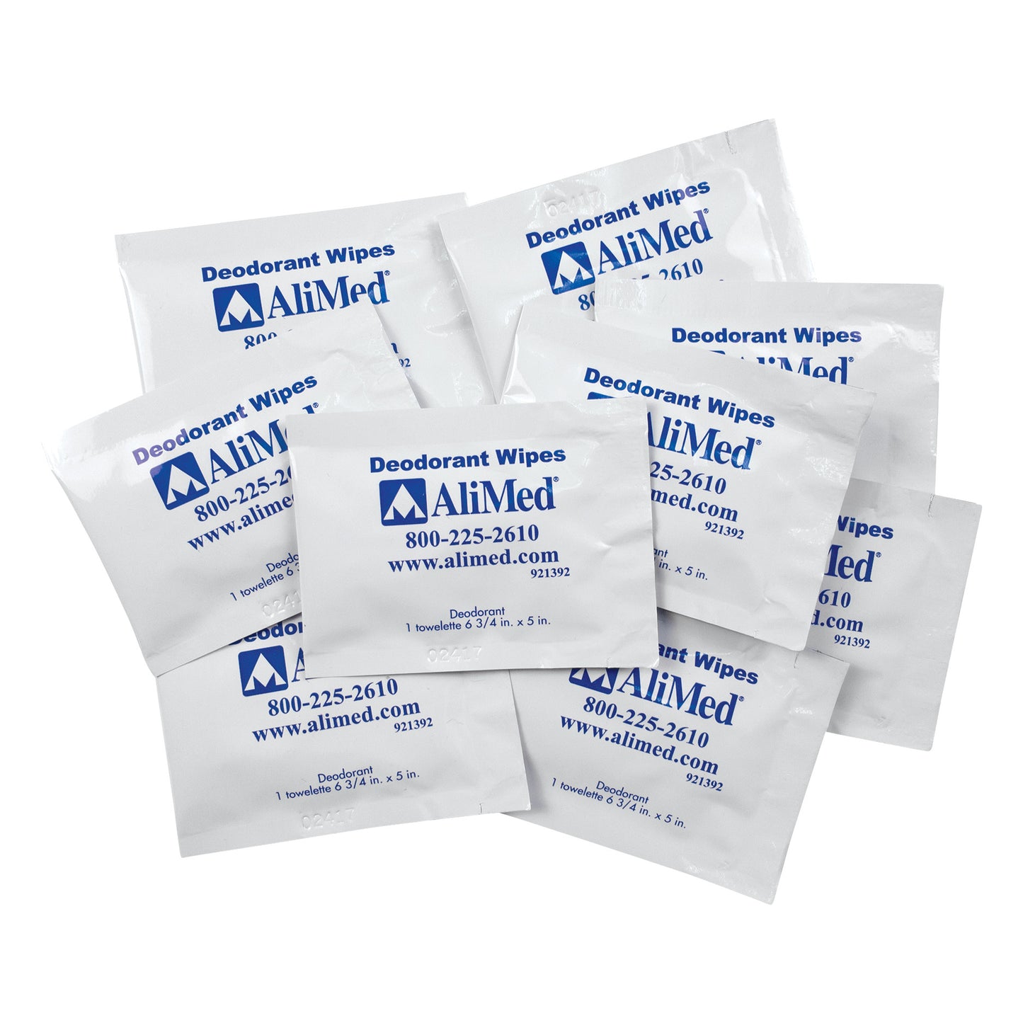 Several packets of AliMed Mammography Deodorant Wipe are displayed, arranged in a scattered pattern.