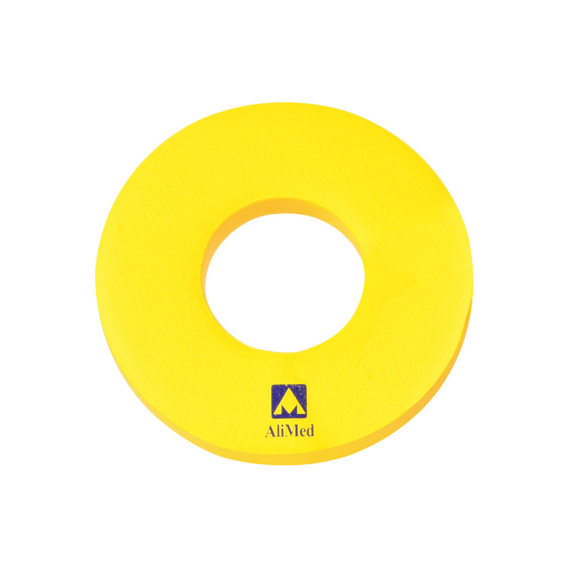 Yellow circular foam cushion with a center hole. AliMed Protecta-Coat Head Donut logo is printed in blue and yellow.