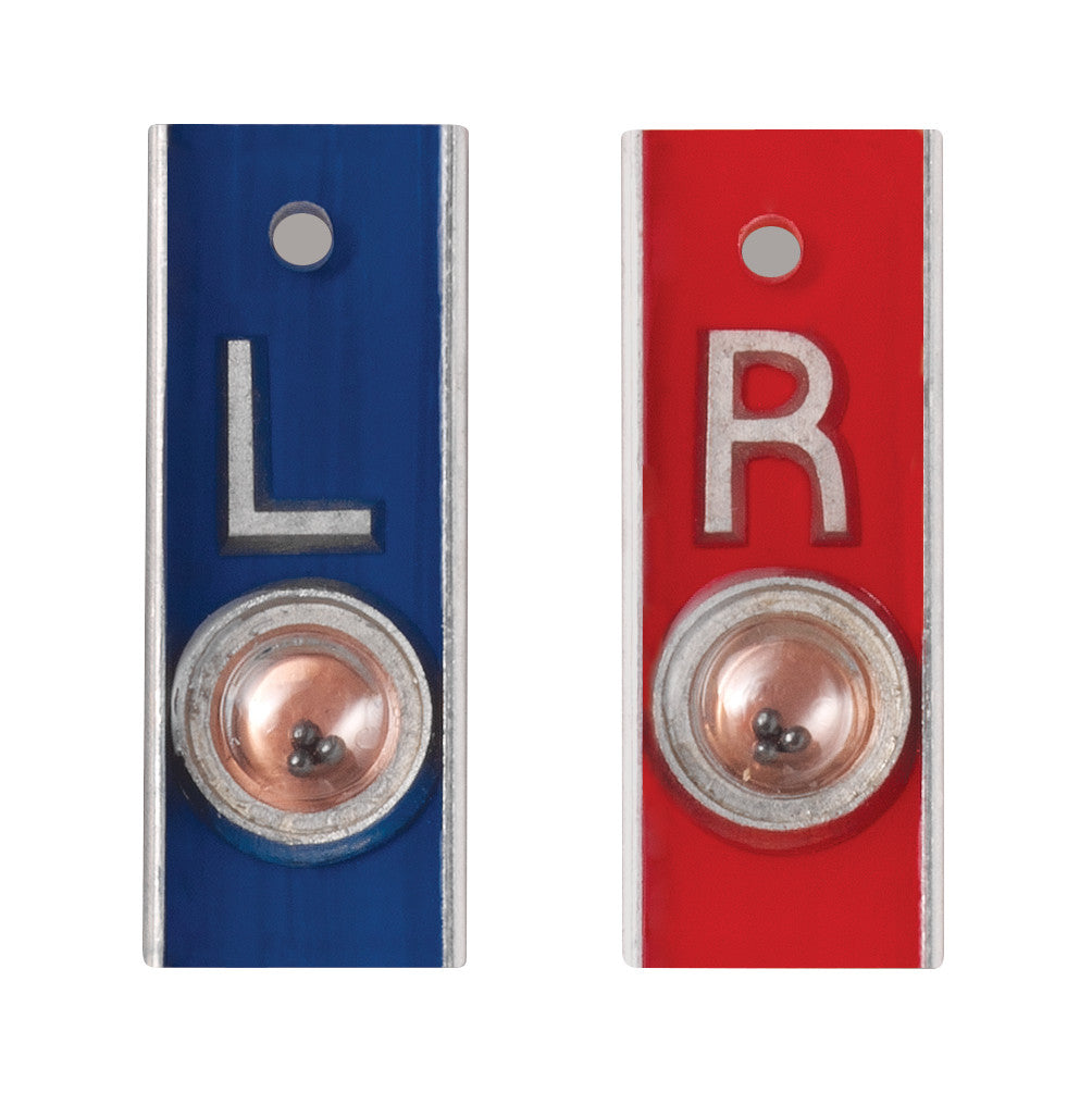 Red aluminum position indicator left/right X-ray marker with engraved "R" and "L" metal tab on top, featuring a small bubble level.