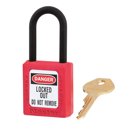 MRI Nonmagnetic Padlock with a red body labeled "Danger, Locked Out, Do Not Remove," next to a brass key.