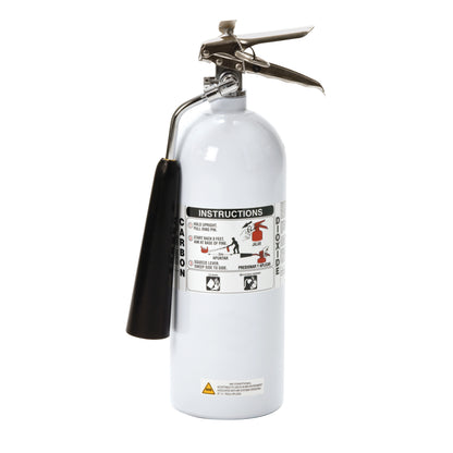 A white MRI Tested Rechargeable Fire Extinguisher with a black handle and detailed usage instructions on its label.