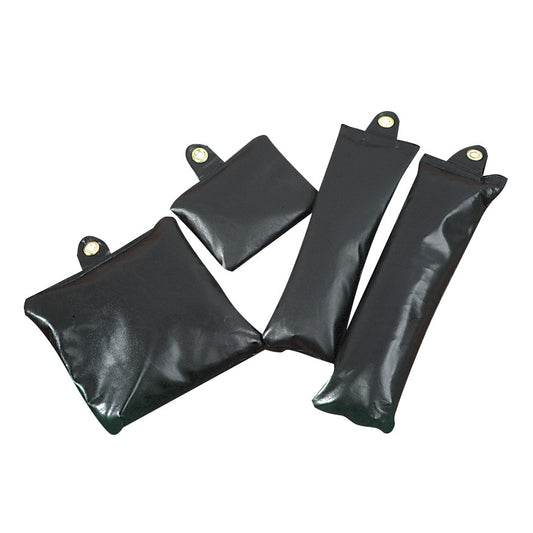 AliMed Four-Piece Traction Sandbag Set includes four black sandbags of different shapes, each with a reinforced eyelet for attachment.