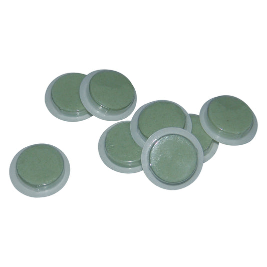 Seven green circular Multi-Modality MRI/CT Markers with white borders are scattered on a white background.