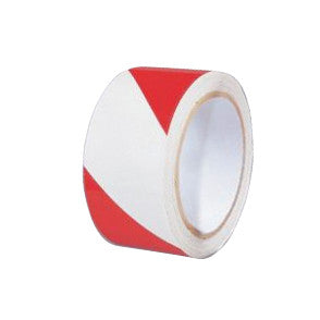 Roll of Heavy-Duty Vinyl Caution Tape with alternating red and white diagonal stripes, used for marking hazardous areas.