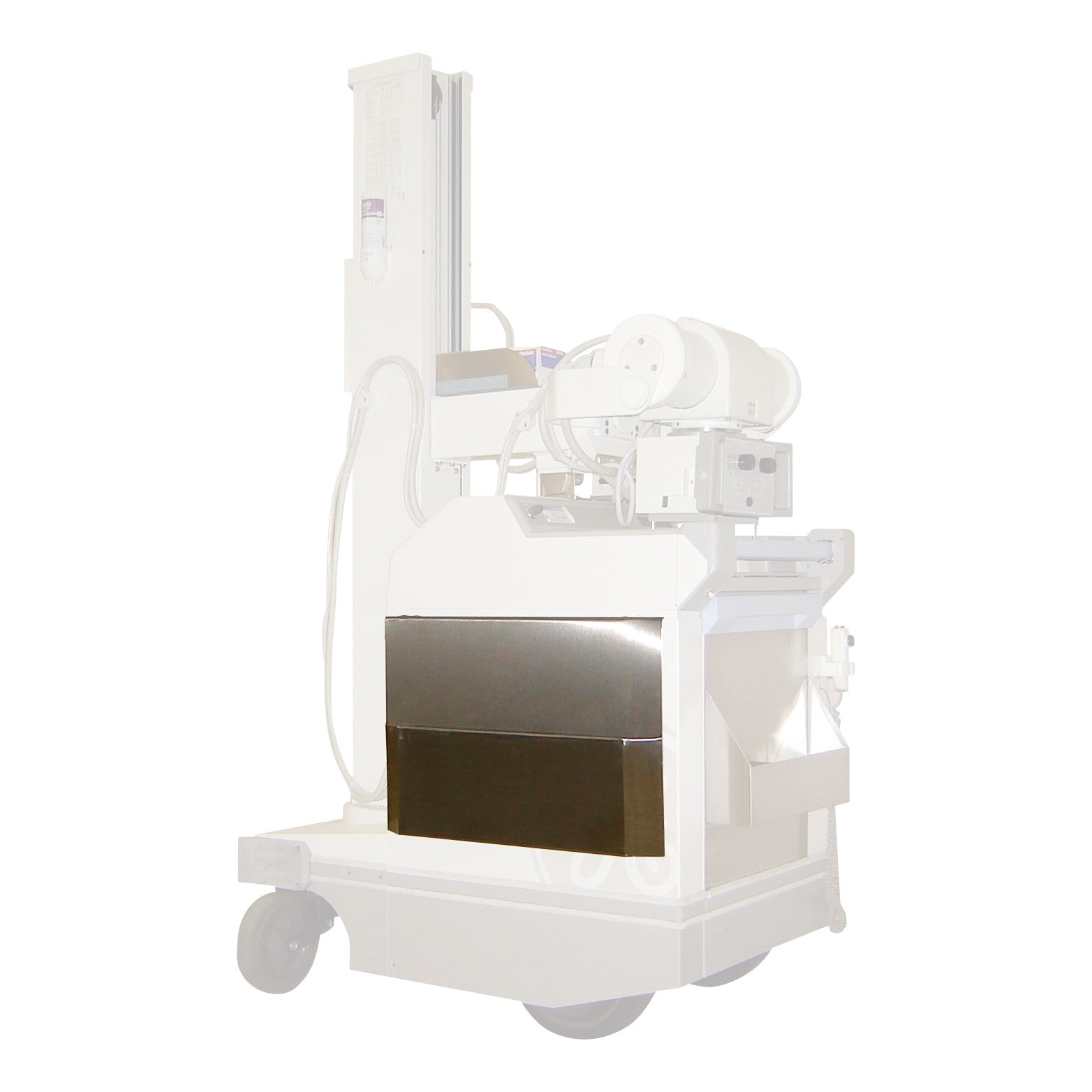 A medical cart with wheels, featuring a Grid Caddy, which provides portable storage solutions for X-ray grids and related equipment.