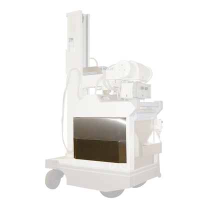 A medical cart with wheels, featuring a Grid Caddy, which provides portable storage solutions for X-ray grids and related equipment.