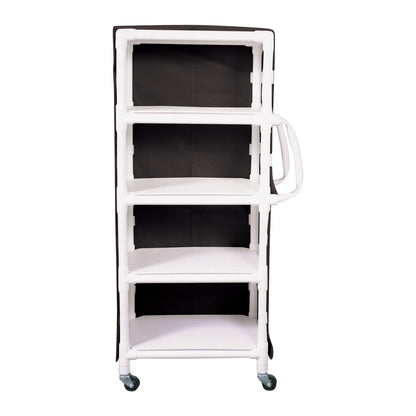 MRI 4-Shelf PVC Linen Cart with Cover features four white shelves, a black cover, and swiveling wheels for mobility.