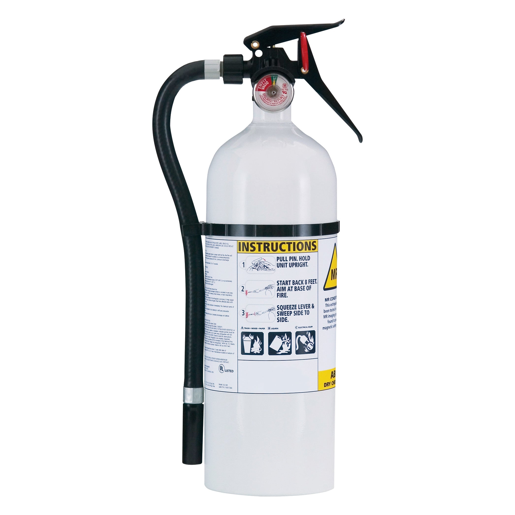 MRI Disposable ABC Fire Extinguisher with hose, pressure gauge, and instructions on the label in a white cylindrical design.