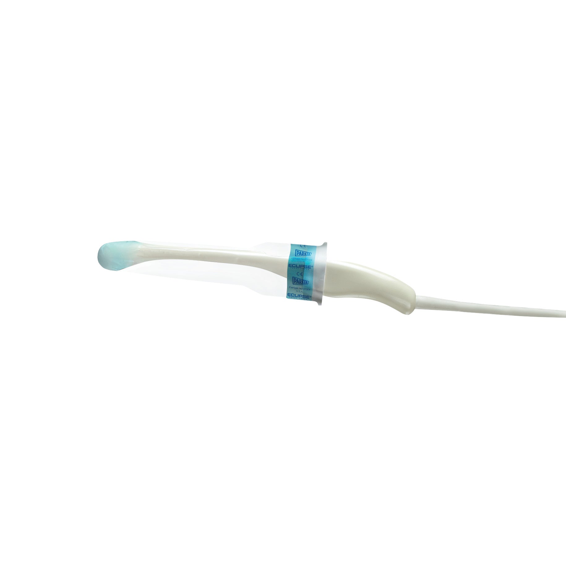 Parker Eclipse Nonsterile Ultrasound Probe Cover on a white background, featuring a blue-tinted end and secured with a loop closure.