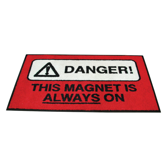 Red MRI Floor Mat Carpet Warning Sign with black text reading "Danger! This magnet is always on" and a warning symbol.