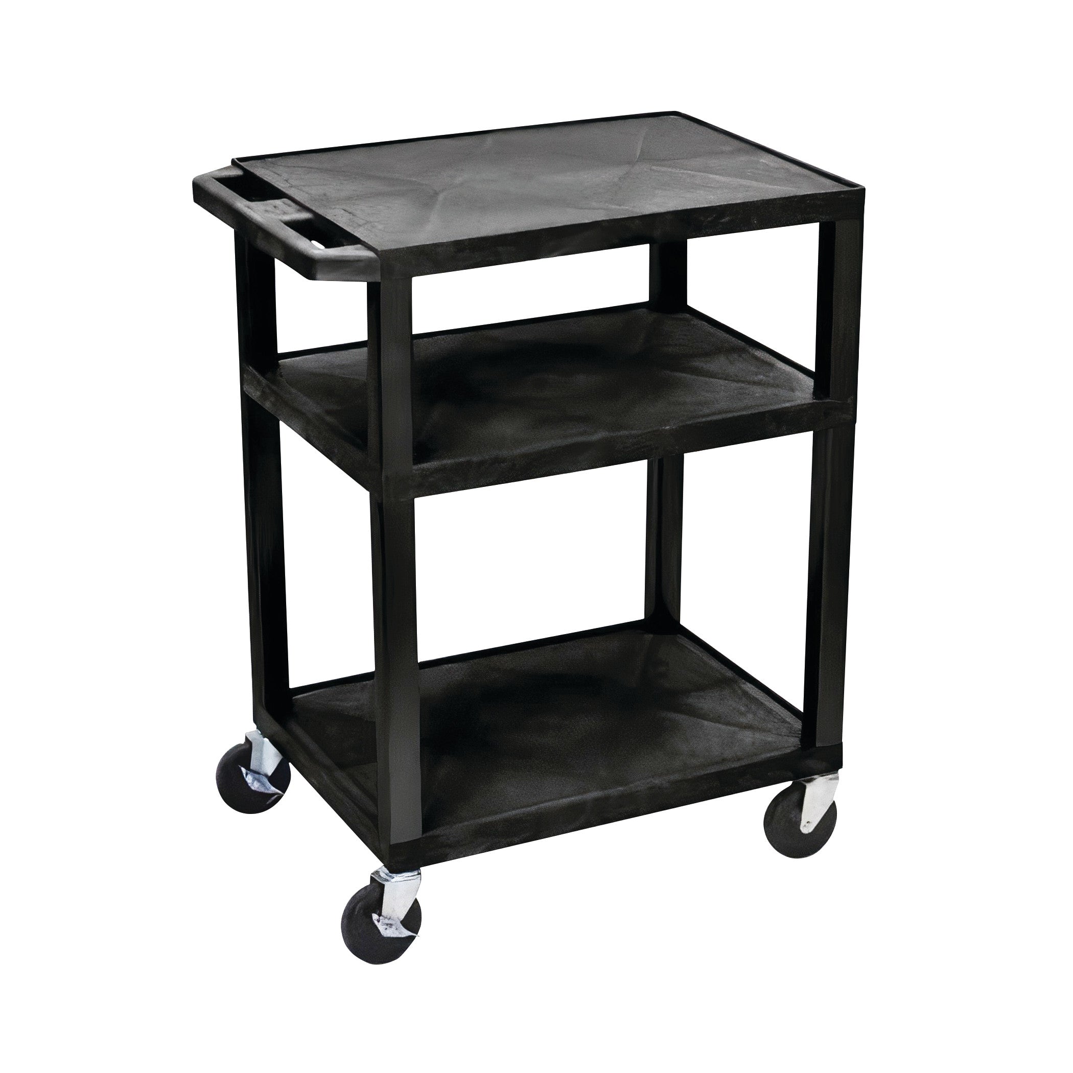 MRI Nonmagnetic Utility Cart with three black shelves and four caster wheels. It features a handle for easy maneuverability.