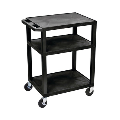MRI Nonmagnetic Utility Cart with three black shelves and four caster wheels. It features a handle for easy maneuverability.