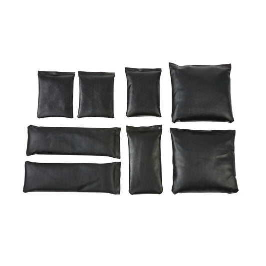 AliMed General Sandbag Set A features eight black sandbags in various sizes, designed for medical and therapeutic use.