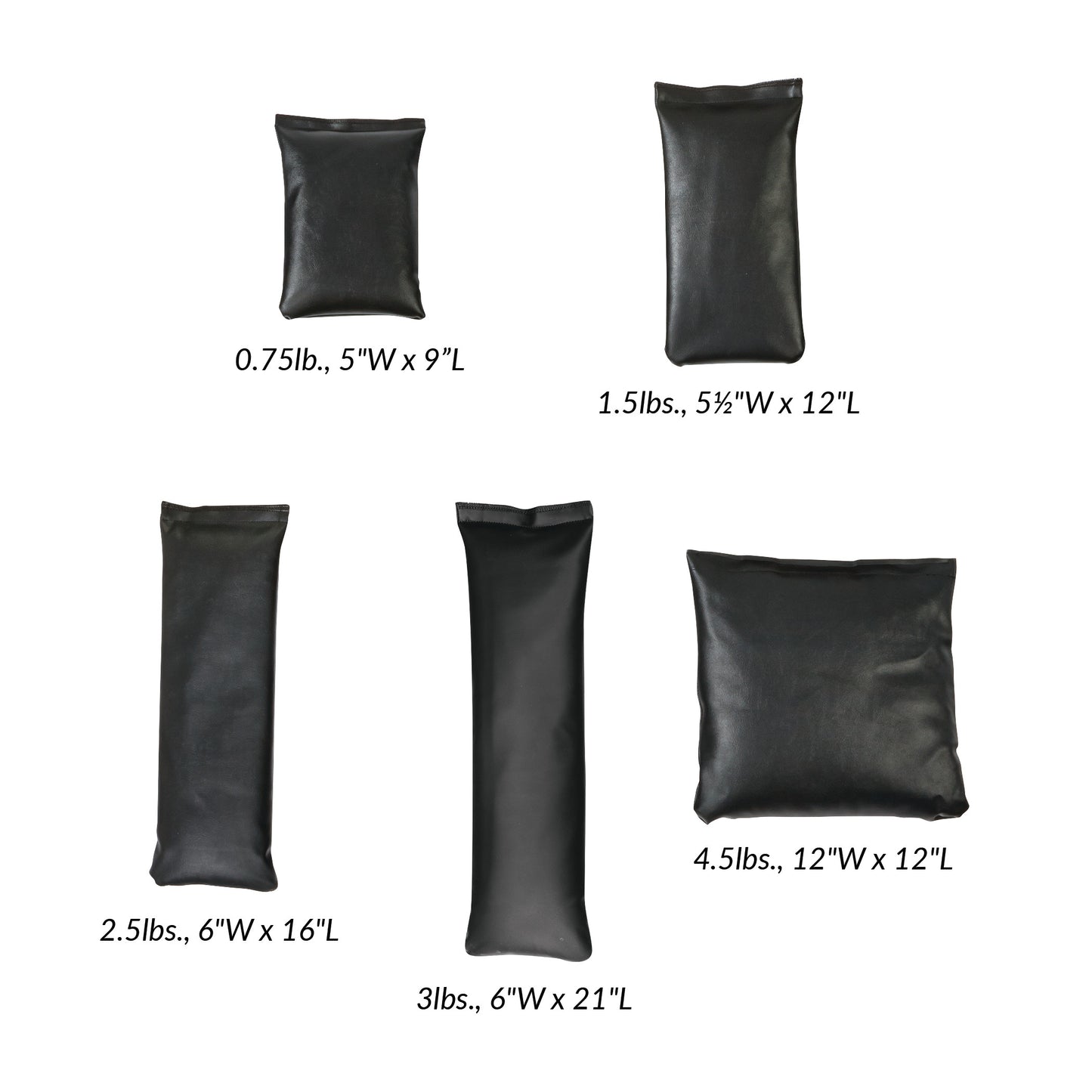 AliMed AliSand Lightweight Sandbag Set with five bags ranging from 0.75 lbs (5"W x 9"L) to 4.5 lbs (12"W x 12"L).