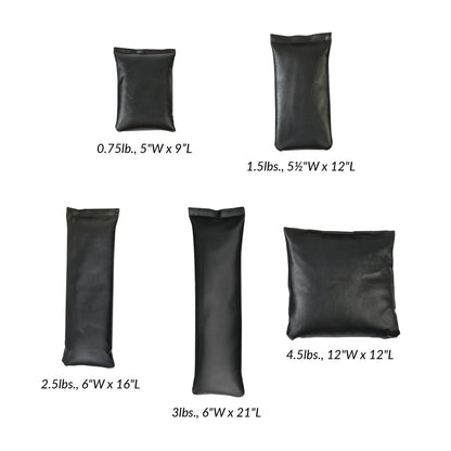 AliMed AliSand Lightweight Sandbag Set with five bags ranging from 0.75 lbs (5"W x 9"L) to 4.5 lbs (12"W x 12"L).