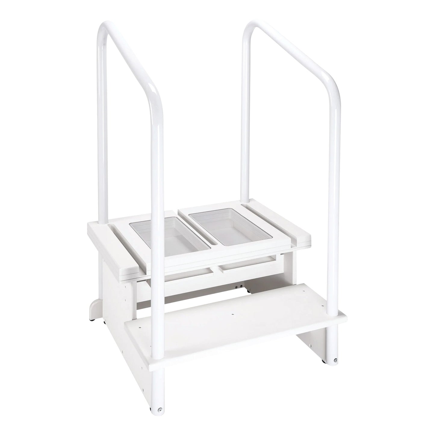 White two-step positioning platform for DR systems. Compatible with Siemens Ysio, GE FlashPad, Philips Wireless devices.