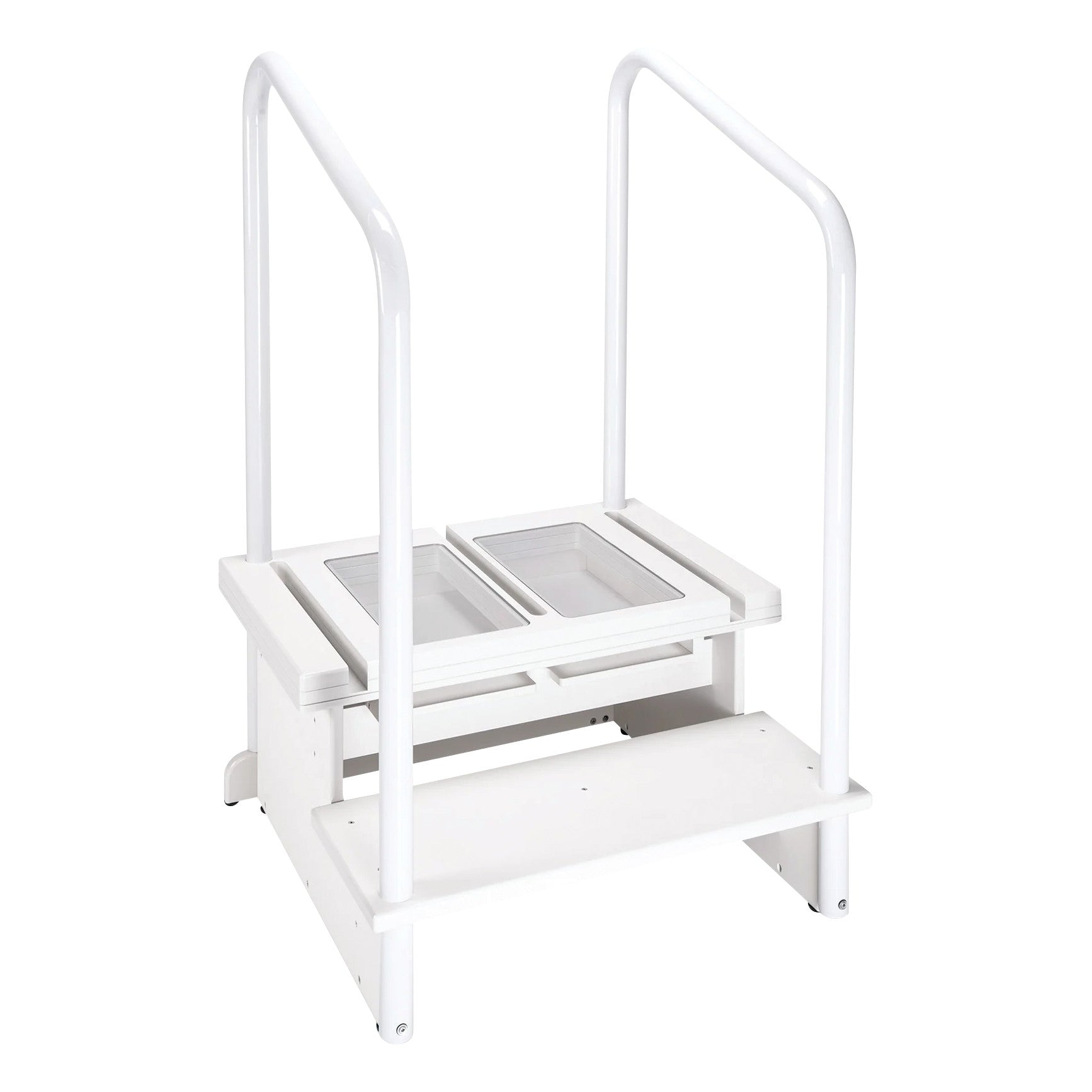 White two-step positioning platform for DR systems. Compatible with Siemens Ysio, GE FlashPad, Philips Wireless devices.