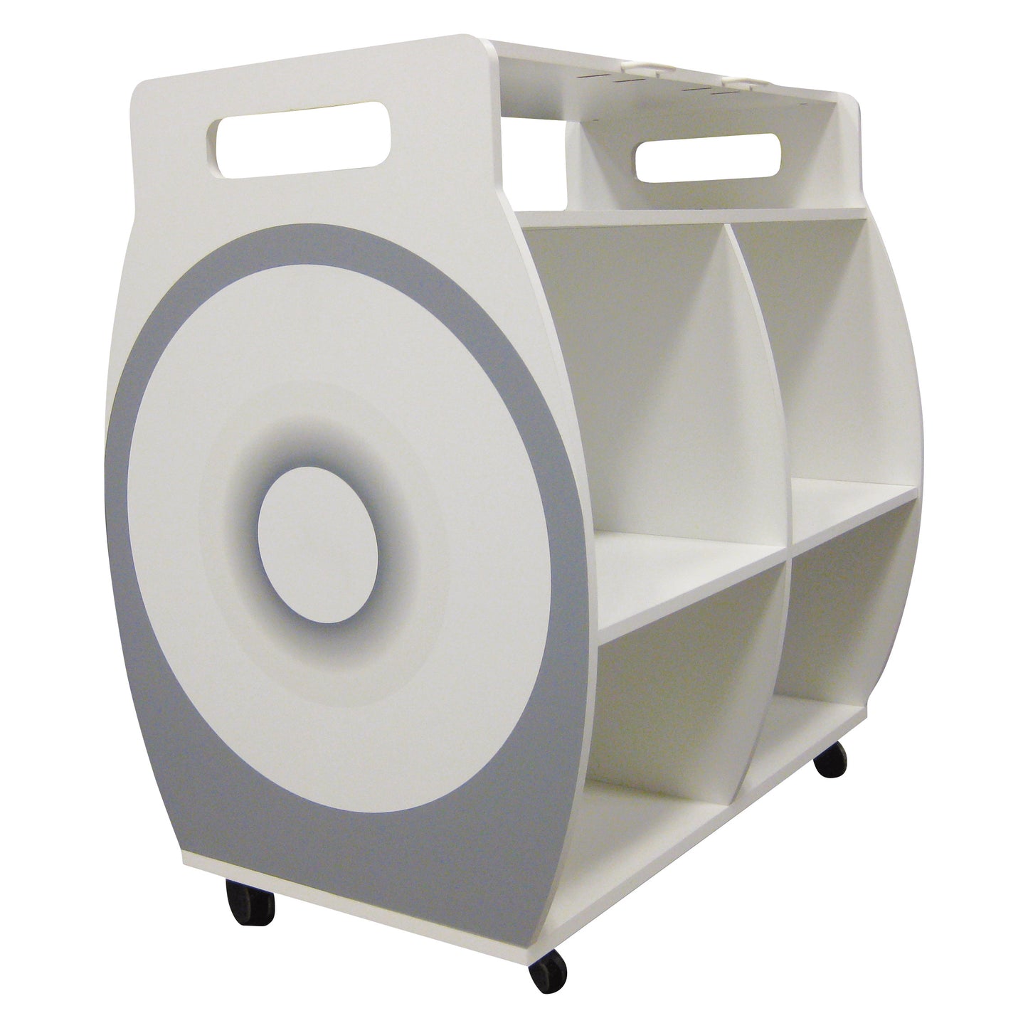 MR-Conditional Coil Cart with circular side design and compartment shelving on wheels, featuring built-in handles for easy mobility.