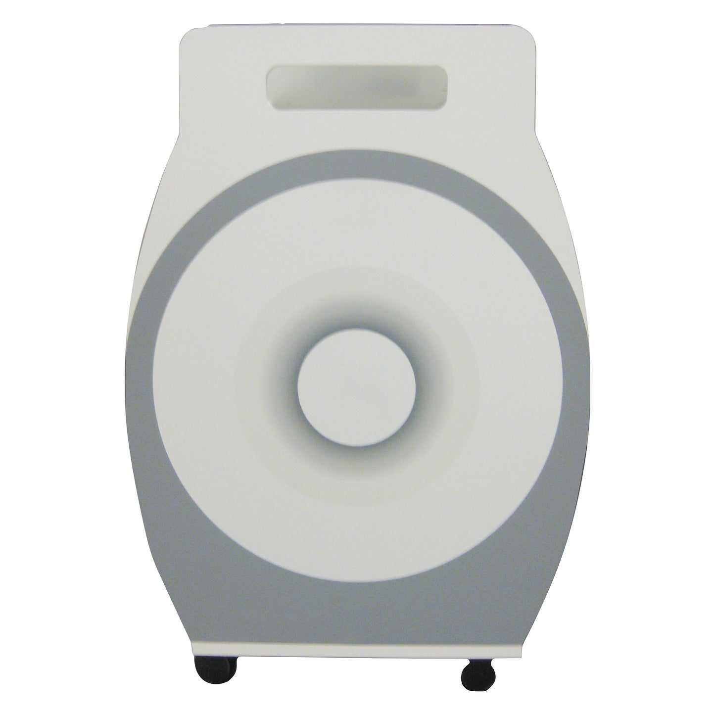 The MR-Conditional Coil Cart is a gray and white cart with a handle and wheels, featuring a circular pattern on the front.