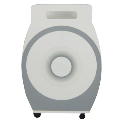 The MR-Conditional Coil Cart is a gray and white cart with a handle and wheels, featuring a circular pattern on the front.