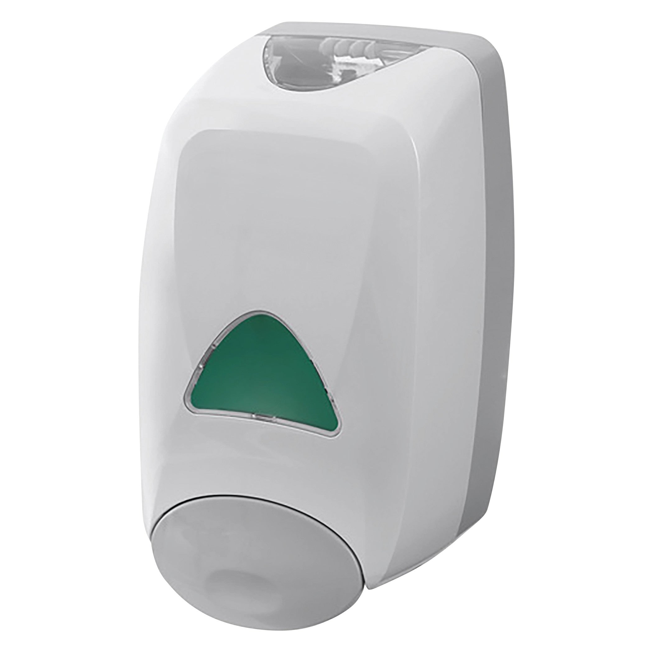 A white MR-Conditional Soap Dispenser with a green indicator and gray push button, designed for wall mounting.