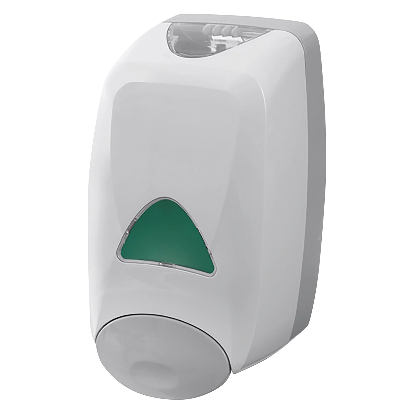 A white MR-Conditional Soap Dispenser with a green indicator and gray push button, designed for wall mounting.
