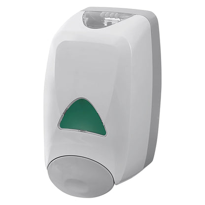 A white MR-Conditional Soap Dispenser with a green indicator and gray push button, designed for wall mounting.