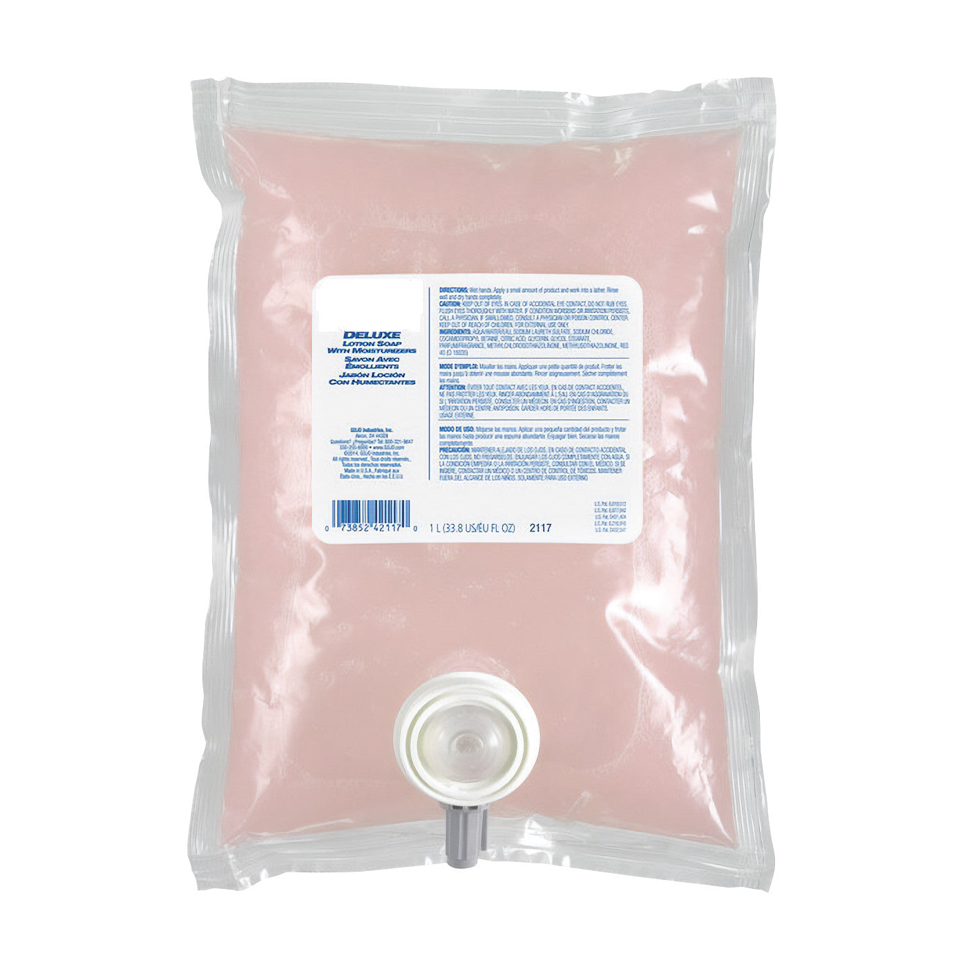 A clear bag labeled "Soap Refill for MR-Conditional Soap Dispenser" contains pink liquid soap with a nozzle at the bottom.