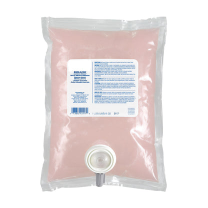 A clear bag labeled "Soap Refill for MR-Conditional Soap Dispenser" contains pink liquid soap with a nozzle at the bottom.