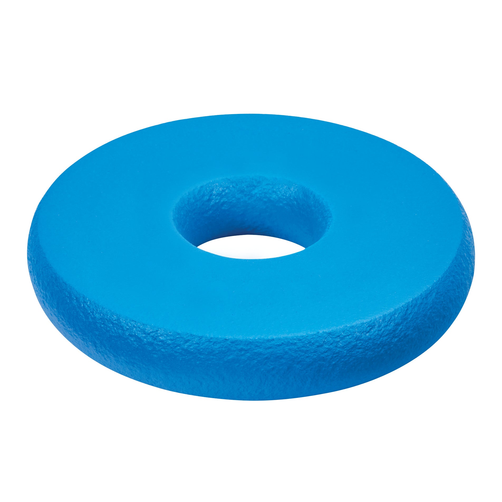 A blue circular cushion with a hole in the center, known as the AliMed InvisiCoat Head Donut, designed for comfortable head support.
