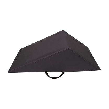 Black, triangular MRI Knee Wedge Positioner with a handle, designed to support knees during MRI scans.