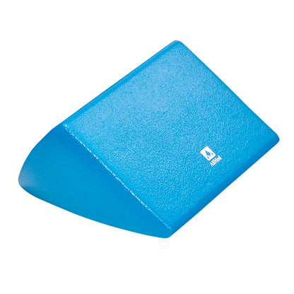 A blue foam positioning device, AliMed InvisiCoat Plus 35/55 Degree Wedge, has a triangular shape with a flat base.